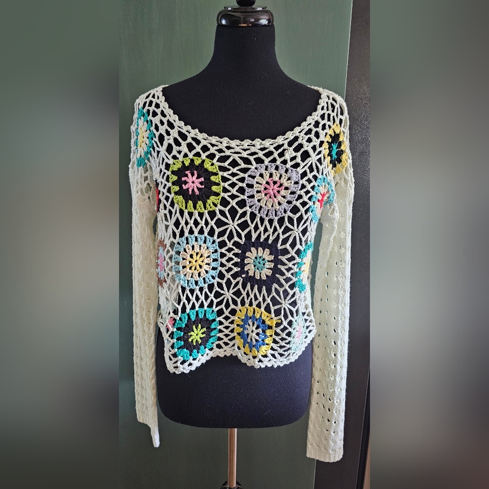 Crochet Openwork Cream Sweater with Multicolor Flower Accents